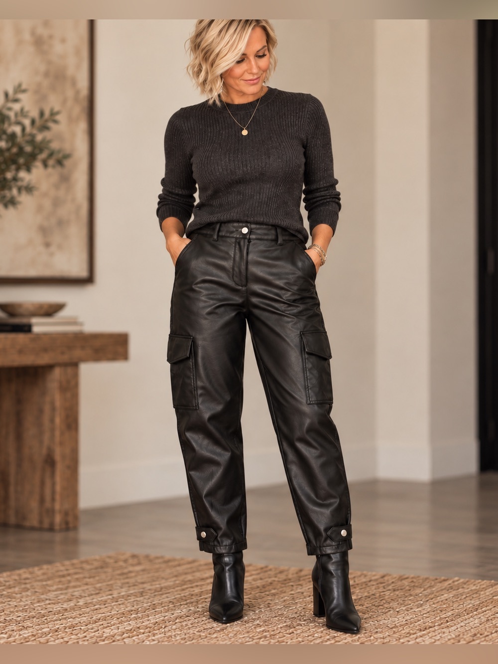 Hunter & Brown Black Faux Leather Cargo Pants Snap Ankle Size M